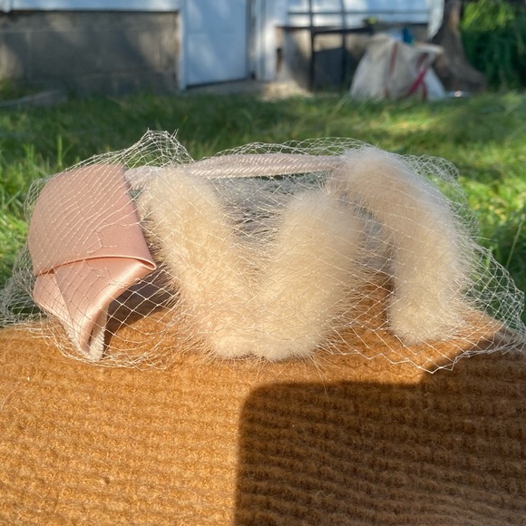 Vintage White Mink Fur Star Crown Big Bow Hat Mauve Satin Bow - Picture 10 of 13